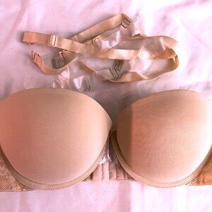 NUDE LIGHT PEACHY/BEIGE CONVERTIBLE PUSH UP BRA W LACE SIDES & STRAPS 36C